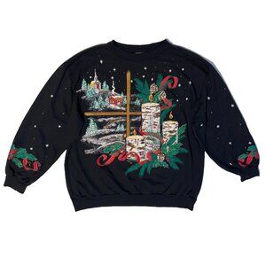 Vintage Holiday Time Christmas Cabin Candle Church Cross Sweatshirt - M